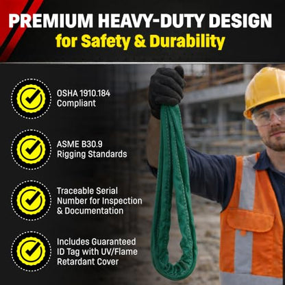 Chenango Supply VR2 10ft Green Endless Round Polyester Rigging Sling | USA Made, Double-Ply Cover, for Lifting & Material Handling, Capacity: 5,300 lb Vertical, 4,240 lb Choker, 10,600 lb Basket - size: 10 ft