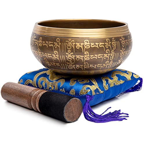 Tibetan Singing Bowl Set - Easy To Play Authentic Handcrafted For Meditation Sound Bowl Chakra Yoga Healing 4 Inches By Himalayan Bazaar (Brown & Blue) - color: Brown - Blue