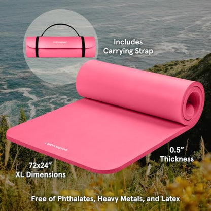 Retrospec Solana Yoga Mat Thick 1/2in Non-Slip Workout Mat with Nylon Strap - 72x24in Exercise Mat for Pilates, Stretching & Fitness - BPA Free, Easy Clean - color: Pink Dahlia