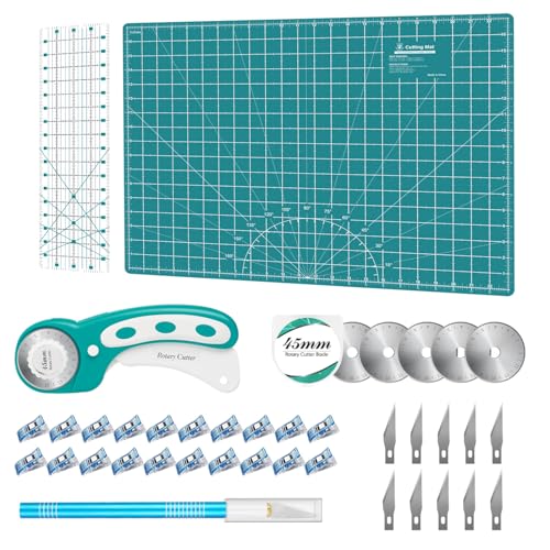 Rotary Cutter Set - Quilting Kit incl. 45mm Fabric Cutter, 5 Replacement Blades, A2 Cutting Mat, Acrylic Quilting Ruler and Sewing Clips, Craft Knife Set, Ideal for Crafting, Sewing, Patchworking - color: Turquoise, size: A2 Rotary Cutter Set
