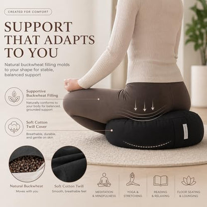 Meditation Cushion - 15" Buckwheat Pillow with Removable Cotton Cover and Carry Handle - Round Floor Cushion for Yoga, Meditation, Pilates, and Floor Sitting - Meditation Pillow by Cuvered