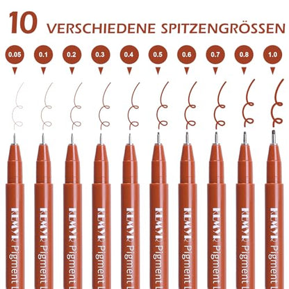 KEMYR 10 Sizes Sepia Fineliner Micro Drawing Pens, Waterproof Pigment Ink | Archival Ink,AP Certified,With Case,0.05-1.0mm, for Illustration,Journaling,Sketching,Manga,Drawing,Artists And Beginners - color: Sepia Micro Pens 10 SIZES,0.05-1.0mm, style: 10
