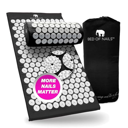 Bed of Nails Mat and Pillow Set – Original Bon Acupressure Design with 10962 Precision Nails, Mat: 28.5 x 16.5 x 1", Pillow: 14.5 x 6 x 4", Jet Black - color: Jet Black - Mat & Pillow Set