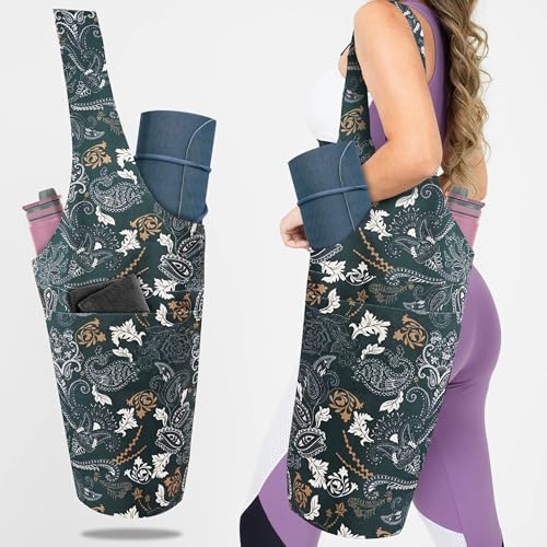 Yoga Mat Bag Yoga Tote Bag with Large Pocket and Zipper Pocket Yoga Mat Bag Carrier Fit Most Size Mats and All You Stuff - color: dark green
