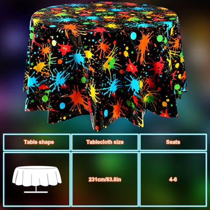 Tioncy 3 Pack Neon Glow Party Tablecloths 84 x 84 Inch Round Disposable Plastic Table Covers Paint Splatter Birthday Party Table Cloth for Glow in The Dark Event Black Light Supplies