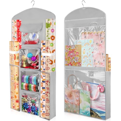 Hanging Gift Wrapping Paper Organizer Storage, Over Door Wrap Storage Bag - color: Grey