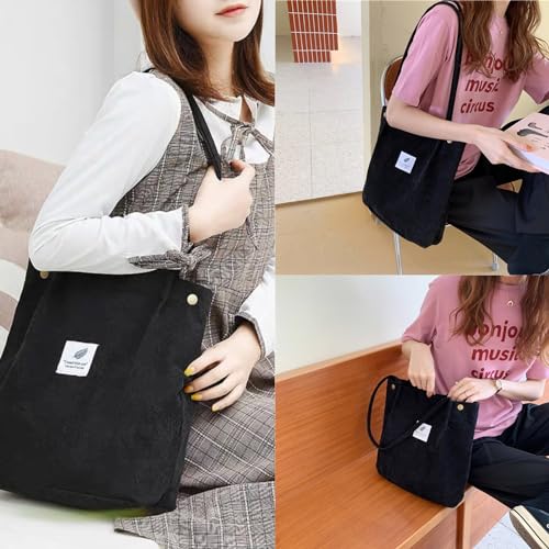 Aphoraeny Corduroy Tote Bag for Women Cute Totes Shoulder Bag with Inner Pocket for Work Beach Shopping Travel Grocery - color: Black