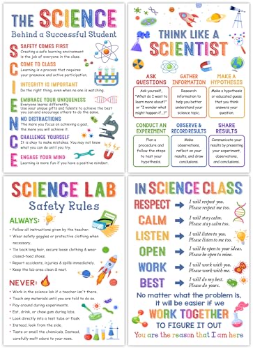 Lalunia 4 Pcs Science Posters for Classroom Decor (11"x 16") - Lab Safety Rules, STEM Wall Art for Middle School, Teacher Supplies, Bulletin Board Decorations, Science Classroom Must Haves - color: Science