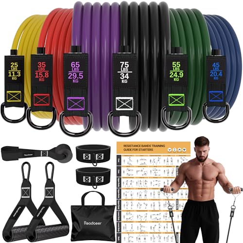 READAEER Resistance Bands, 10-150 LBS Exercise Bands with Handles, Ankle Straps & Door Anchor, Adjustable Workout Bands for Full Body Strength Training, Home, Gym & Travel - size: 25-300LBS