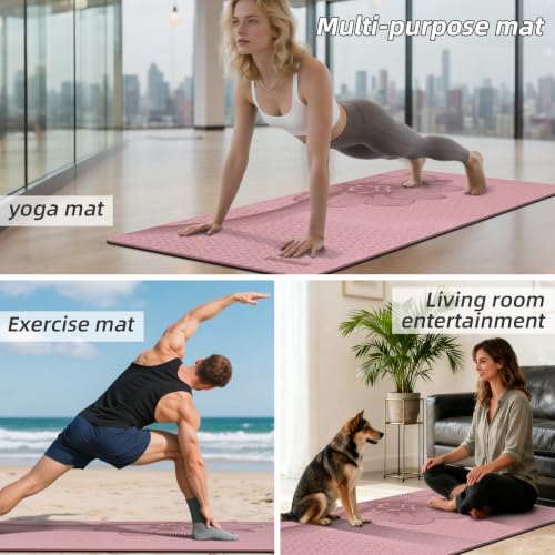 Large Exercise Mat | 10mm Thick TPE Non-slip Gym Mats, Carrying Strap - color: pink/black