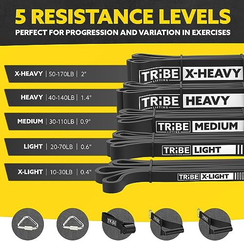 Long Resistance Bands Set of 5 Pull-Up Bands, Rubber Handles, Door Anchor and a Set of 3 Fabric Resistance Bands for Working Out (Black)