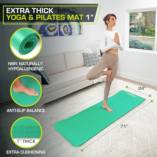 ProsourceFit Extra Thick Yoga and Pilates Mat 1/2” (13mm) or 1" (25mm), 71-inch Long High Density Exercise Mat with Comfort Foam and Carrying Strap - color: Green, size: 1"