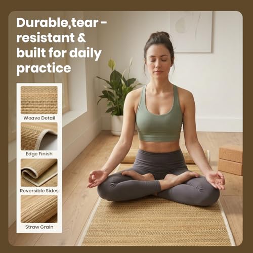 LFH Home Handmade Straw Yoga Mat For Exercise, Workout, Fitness - Perfect Heavy Quality Eco Friendly Natural Straw Reversible Yoga Mat for Men & Women - 72x24 Inch - color: Brown