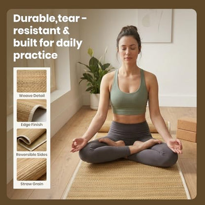 LFH Home Handmade Straw Yoga Mat For Exercise, Workout, Fitness - Perfect Heavy Quality Eco Friendly Natural Straw Reversible Yoga Mat for Men & Women - 72x24 Inch - color: Brown