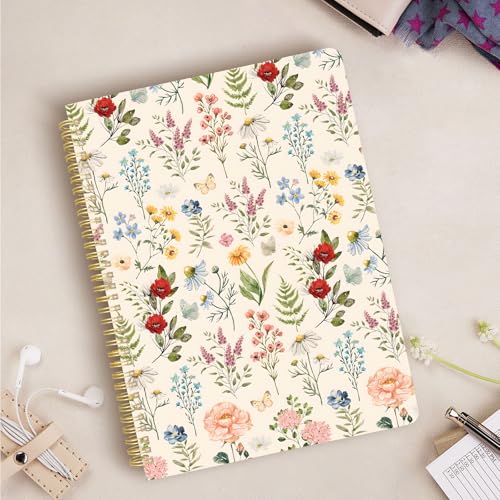 Cute Spiral Notebook journal A4 Aesthetic Pretty Design for Women Girls Kawaii with Pocket, 8.5 x 11 inch, Lined, Plant Flower - color: Vintage Flower, style: Lined