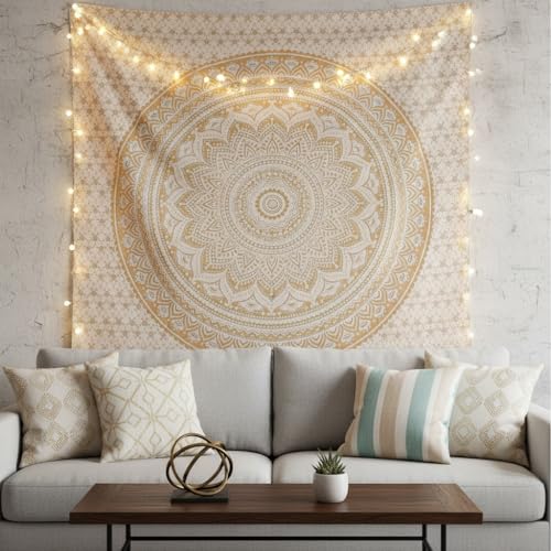 Queen Gold Ombre Tapestry Indian Mandala Art Hippie Wall Hangings Bohemian Bedspread with Metallic Shine Cotton Printed Wall Hanging Dorm Decor Tapestries