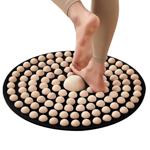 Wooden Acupressure Foot Massager Mat, Reflexology Pad for Pain & Stress | Round mat with 126 natural wooden beads on soft fabric. Relieves stress, improves circulation & eases tired feet. - color: Wood-round