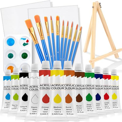 ESRICH 26 PCS Acrylic Paint Set with 12 Colors Acrylic Paints | 10 Paint Brushes, 2 Canvas, 1 Wood Easel, 1 Plate, Painting Supplies Kits for Kids, Adults, Artists and Beginners - color: 12 Color