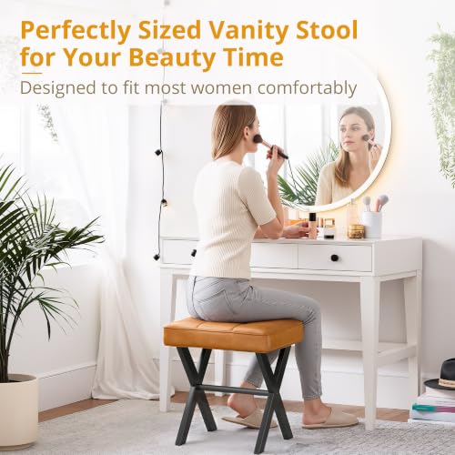 LUE BONA Vanity Stool, Faux Leather X-Leg Foot Stool, Small Ottoman Makeup Stool Chair for Vanity, Modern Padded Foot Rest Vanity Seat for Makeup Room, Bathroom, Whiskey Brown - color: Whiskey Brown