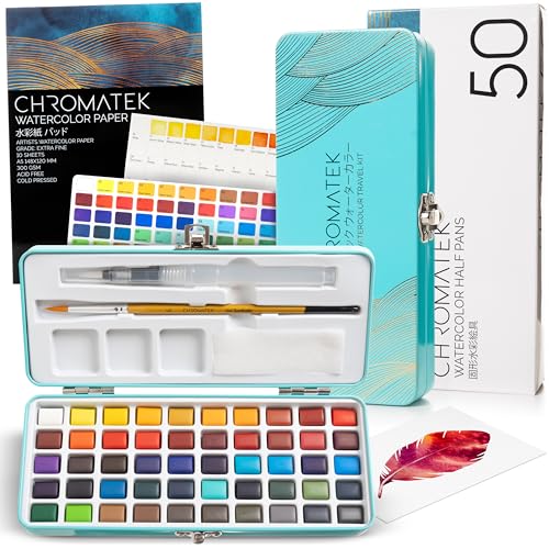 CHROMATEK Watercolor Paint Set, 50 Vivid Colors, Water Color Paper Pad, Brush, Aqua Pen, Palette, Color Chart, Swatch Sheets & Metal Travel Case, Premium All-In-One Art Travel Kit Art Supplies - color: 50 Pan Travel Set