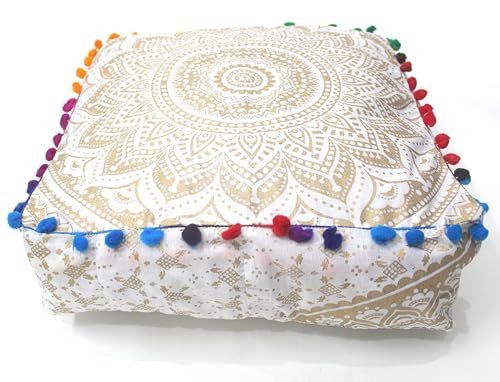 INDIAN CRAFT CASTLE Mandala Mandala Barmeri Large Floor Pillow Cover Cushion Meditation Seating Ottoman Throw Cover Hippie Decorative Zipped Bohemian Pouf Ottoman Cases White Gold Ombre 16" Square