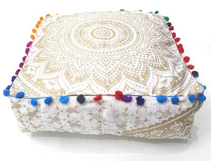INDIAN CRAFT CASTLE Mandala Mandala Barmeri Large Floor Pillow Cover Cushion Meditation Seating Ottoman Throw Cover Hippie Decorative Zipped Bohemian Pouf Ottoman Cases White Gold Ombre 16" Square