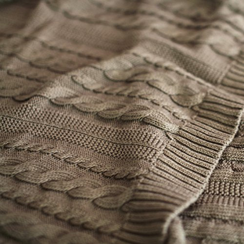 Viverano Organic Cotton Cable Knit Throw Blanket, 50 X 70, Super Soft (Earth Brown)