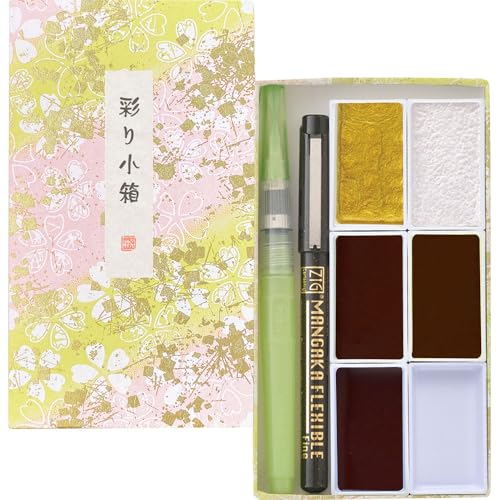Kuretake Irodori Kobako Sakura Watercolor Paint Set with Brush Pens, Japan | 5 granulating & metallic colors, brush pen & water brush pen, Professional Use, Artist Grade - color: Sakura Pattern