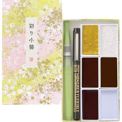Kuretake Irodori Kobako Sakura Watercolor Paint Set with Brush Pens, Japan | 5 granulating & metallic colors, brush pen & water brush pen, Professional Use, Artist Grade - color: Sakura Pattern