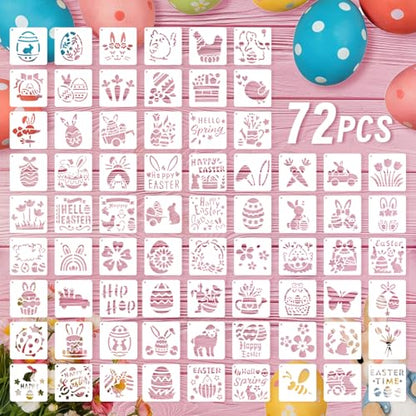 72 Pcs Easter Day Stencils for Painting Set, Reusable Eggs Rabbit Carrot Cute Painting Templates - Stencil Crafts Drawing Templates for DIY Scrapbook, Home Wall Murals, Canvas Wood Signs - style: Easter Day