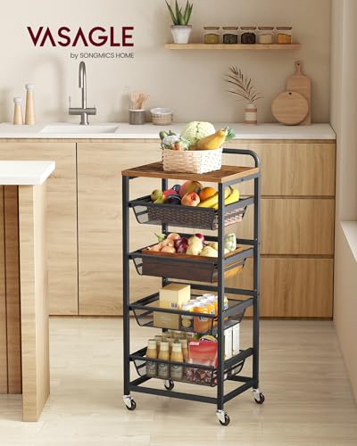 VASAGLE Storage Rolling Cart with Pull-Out Baskets, 5-Tier Utility Cart Orgnizer with Wheels for Laundry Room, Kitchen, Handle, 12.5 x 15.8 x 37.4 Inches, Rustic Brown and Ink Black ULRC041K01 - color: Rustic Brown + Ink Black, size: 5 Tiers