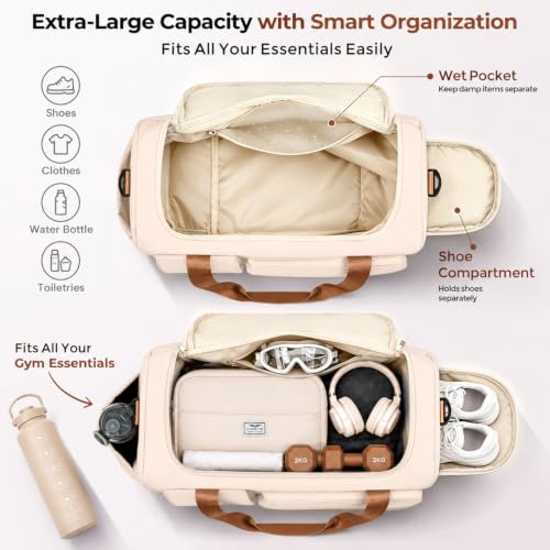 FIORETTO Women's Gym Duffle Bag with Shoes Compartment, 30L Capacity, Ideal for Travel, Gym, Sports, Duffel, Weekender - color: Beige& Brown, style: Gym Bag With Toiletry Bag