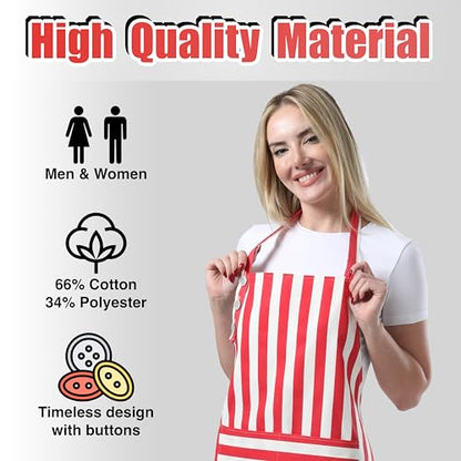 TOSHEX Kitchen Apron Cotton Waterdrop Resistant Adjustable Button Women Men | Premium Cotton Cooking Apron with Pocket. Striped, Gift, Red - color: Red