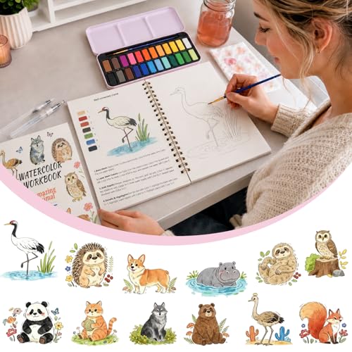 Watercolor Workbook - Water Color Coloring Book Set for Adults. 14 Land Animal Water Colors Book, 24 Color Watercolor Paint, 3 Brush Pens, 300g Watercolor Paper, Perfect Gifting for Beginners - color: Animals-land
