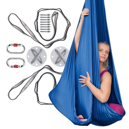 AyuHome Aerial Silks Yoga Swing Aerial Hammock Kit for Home | Premium aerial silks yoga swing kit with rigging hardware for aerial yoga, gymnastics, and home fitness - color: Aerial silk - Precious Blue - New