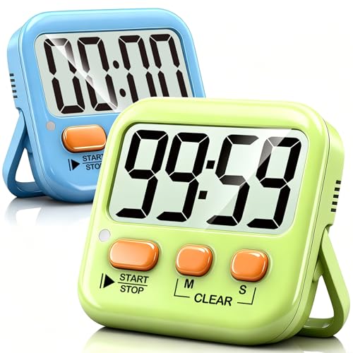 Antonki 2 Pack Digital Timer for Kids Classroom Kitchen Timers for Cooking | w/ Battery, Easy to View, Alarm, Mute Mode, Count Down/Up, Magnetic, Kickstand, Hanging, Classroom Timer for Teacher Supplies - color: 2 * Green+ Sky Blue ( 95%+select for Kids )