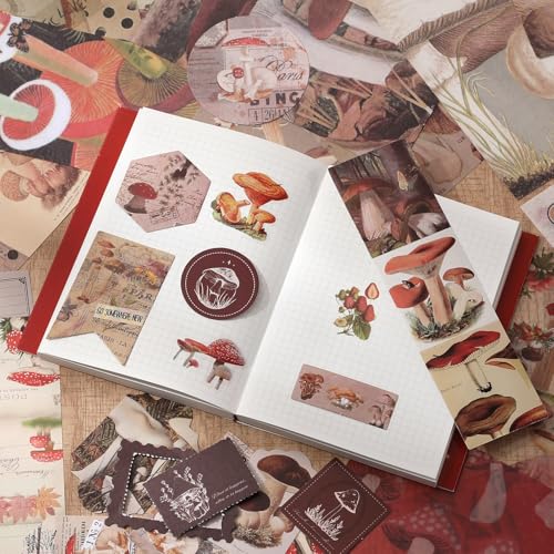 Scrapbook Photo Album Supplies Kit with Tweezers and Glue Tape – Vintage Aesthetic Junk Journaling Set, Scrapbooking Paper, Sticker Pack, Notebook, Stationery Kit, Gift for Adults Teens (Mushroom) - color: Mushroom