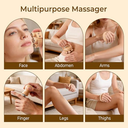 Wooden Handheld Massager, 2-Pack Multi-Roller for Body Contouring