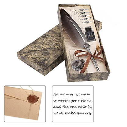 Calligraphy Pen Set Writting Quill Feather Pen 100% Hand Craft Real Feather and Stainless Steel Nib Best Antique Executive，Contains Ink no Need to Purchase Additional Ink (Black) - color: Black