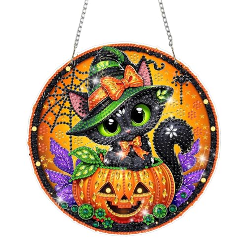 MAXBYE Diamond Painting Hanging Pendant Pumpkin and Cat, DIY Special Shaped Diamond Art Kits for Adults, Double Sided Rhinestone for Beginners Window Wall Door Decoration 8×8 Inch - color: XSL068