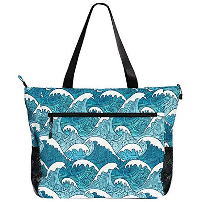 ESVAN LARGE BEACH BAG Water Resistant Lightweight 20 inch Women Oversize Tote Bag for Gym Beach Travel Pool Yoga Nurse - color: Wave