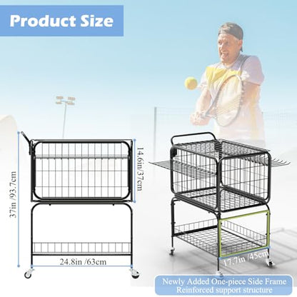 Tennis Ball Cart for 350 Balls, Trolley Cart with Wheels Laundry Basket, Extra Large Utility Trolley for Storage Sport Equipments DIY Tools Toys Ball Hopper Tennis Racket