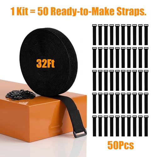 32ftx1in Hook Loop Strap with 50 Buckles Reusable Nylon Fastening Cable Tie