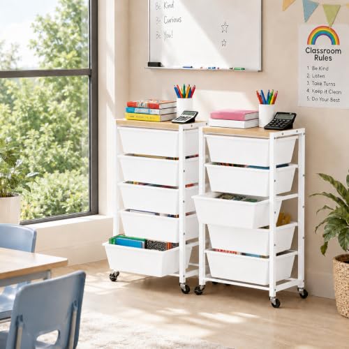 Rolling Cart with 5 Drawers, Plastic Drawer Storage Carts with Wheels & Wooden Tabletop, Metal Utility Cart for Office Bedroom Living Room Classroom, Craft Organization and Storage, White - color: White