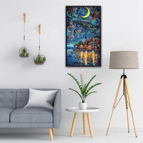 ARTGOTO Large Paint by Numbers for Adults Starry Night Village | 15.7x27.5inch/40x70cm Paint by Number Kit on Canvas, Crescent Moon Lake Reflection Acrylic Painting Set, No Frame - color: PBN060