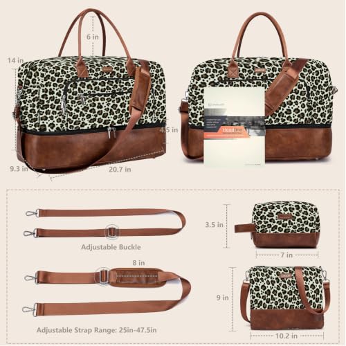 Large Women Travel Weekender Bag: Carry on Duffle with Shoe Compartment | Overnight Duffel Bags with Wet Pocket, Crossbody & Toiletry Bag, 3PCS Womens Traveling Tote Set for Hospital Gym Weekend Trip - color: Brown Leopard Print