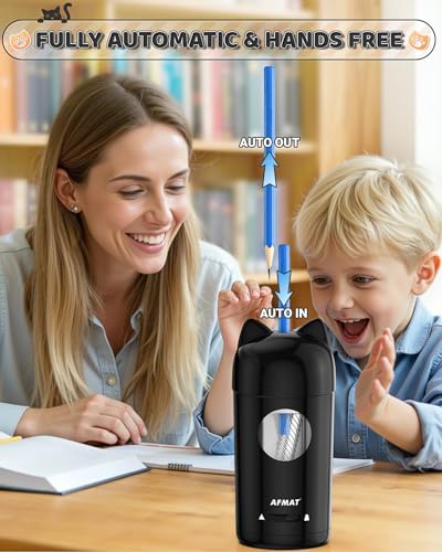 AFMAT Electric Pencil Sharpener, Fully Automatic Pencil Sharpener for Kids, Auto in & Out, for φ7-8mm No.2/Colored Pencils, Rechargeable & Cordless, Cute Cat Pencil Sharpeners for Classroom Home PSX9