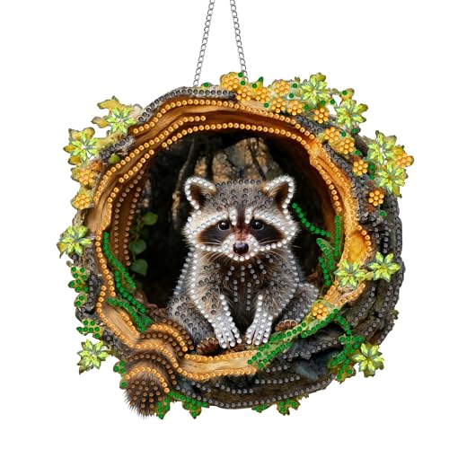 Hanging Diamond Art Kits for Adults Raccoon Animals - 8x8 Inch Double-Sided Acrylic Board DIY Crystal Diamond Suncatcher Pendant, Sparkling Home Wall or Window Decoration Handmade Gift - color: Raccoon