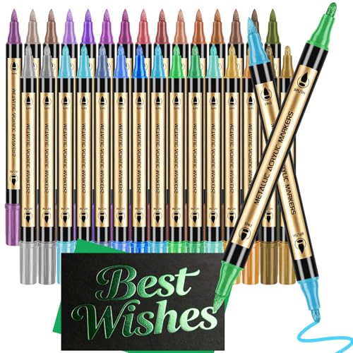 30 Colors Metallic Marker Pens, Dual Tip Acrylic Paint Pens for Black Paper, Rock Painting, Scrapbooking, Photo Album, DIY Arts & Crafts, Glass, Wood, Card Making, Scrapbook Supplies Kit - color: 30 Colors