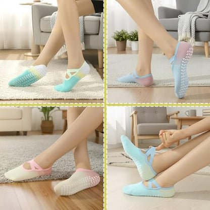 6/8 Pairs Pilates Socks for Women with Straps - color: Color Gradient